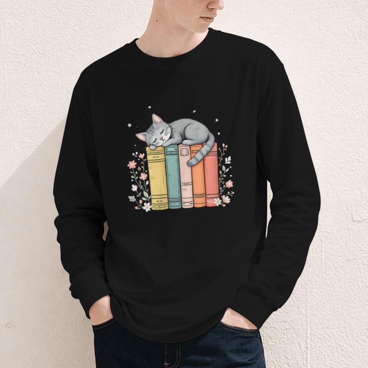 Books Lover Cute Sleepy Cat Relax Reading Vibe Youth Long Sleeve Tee