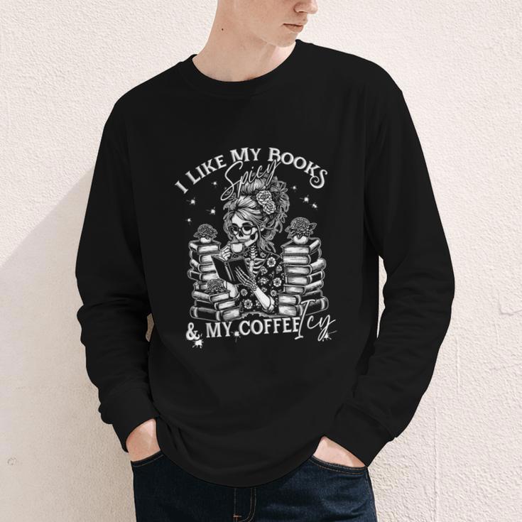 I Like My Books Spicy And My Coffee ICY Skeleton Meme Youth Long Sleeve Tee
