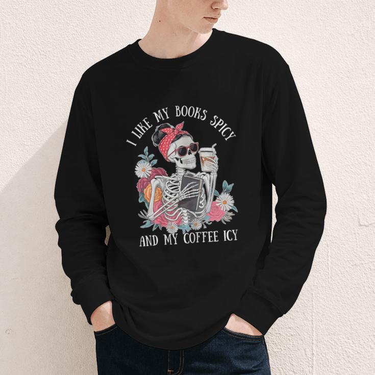I Like My Books Spicy And My Coffee ICY Skeleton Women Youth Long Sleeve Tee