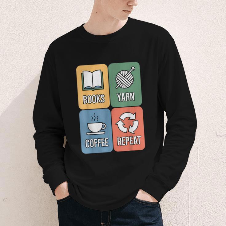 Books Yarn Coffee Repeat Crocheting Youth Long Sleeve Tee