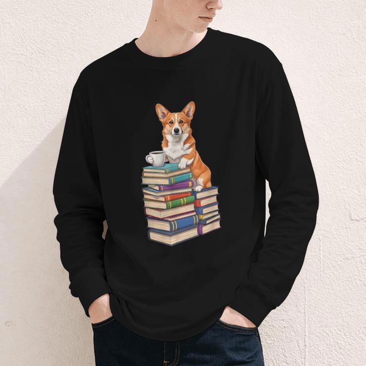 Bookworm Corgi Reading Books Drinking Coffee Dog Lover Youth Long Sleeve Tee