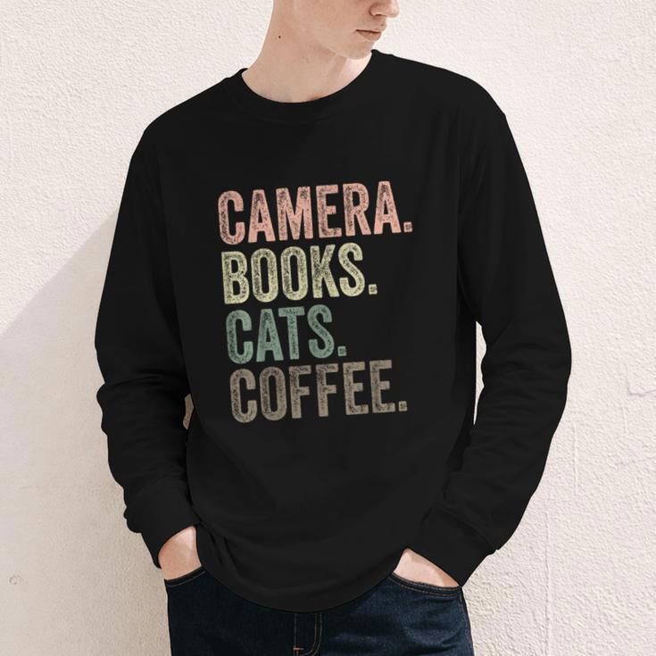 Camera Books Cats And Coffee Lover Photography Men Women Youth Long Sleeve Tee