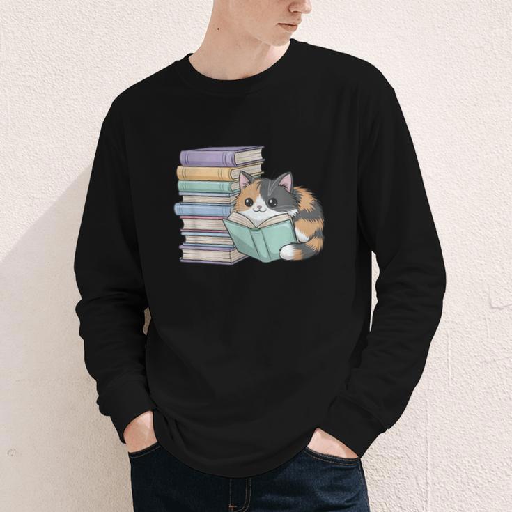 Cat On Books Pets Cats Reading Book Nerd Read Reader Bookcat Youth Long Sleeve Tee