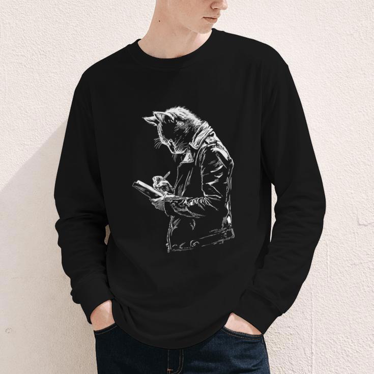 Cat Holds Book Writing Animal Print Motif Drawing Art Cat Youth Long Sleeve Tee