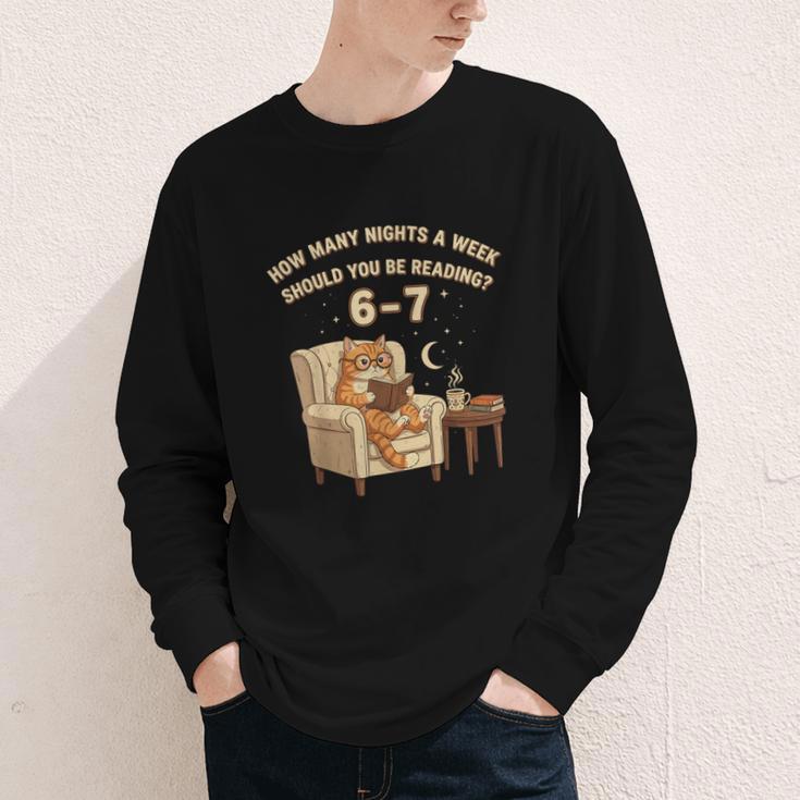 Cat Reading 6-7 Meme English Teacher Book Lover Humor Youth Long Sleeve Tee