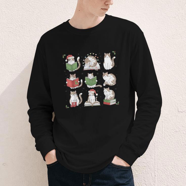Cat Reading Book Funny Christmas Cat Book Lover Librarian Men Women Kids Youth Long Sleeve Tee