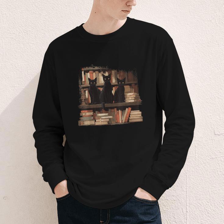 Cats Antique Books Academia Library Aesthetic Bookworm Youth Long Sleeve Tee