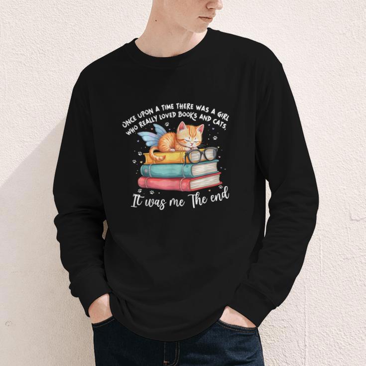 Cats And Books Easily Distracted By Book & Cat Lover Men Women Kids Youth Long Sleeve Tee