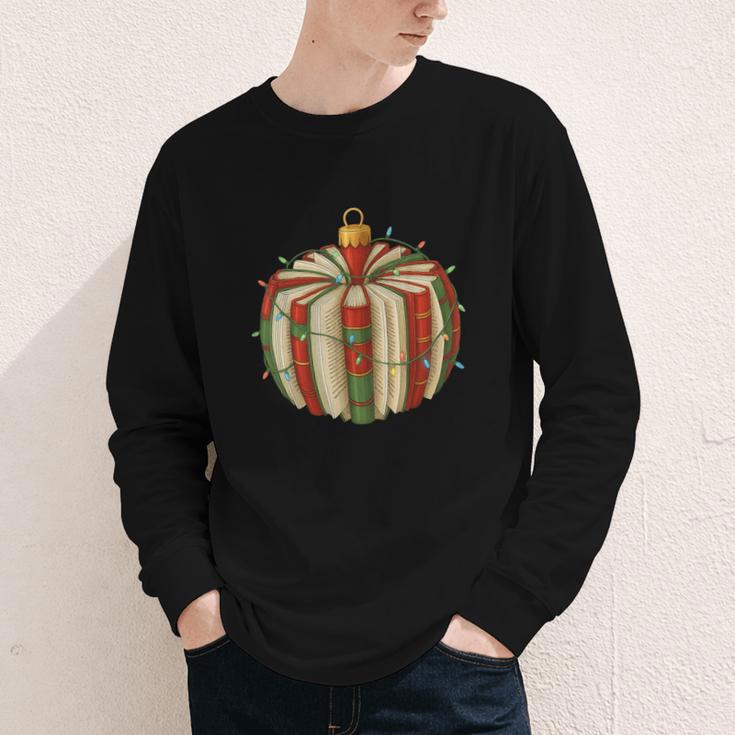 Christmas Book Ornament Lights Holiday Reading Lover Teacher Youth Long Sleeve Tee