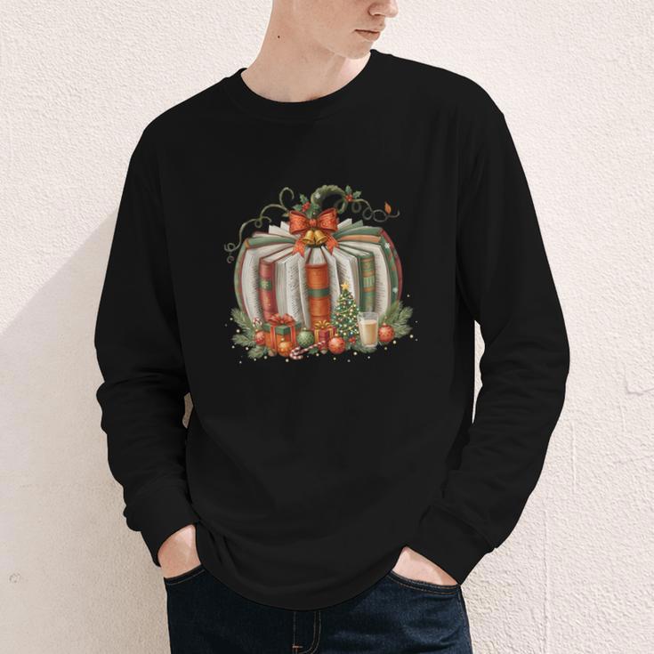 Christmas Book Pumpkin Reading Holiday Lovers Teacher Youth Long Sleeve Tee