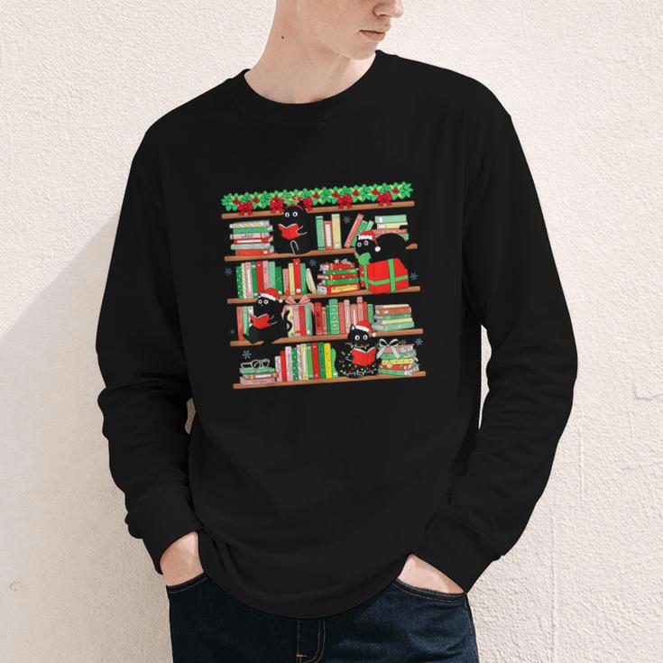 Christmas Cat Santa Bookshelves Book Lover Reader Youth Long Sleeve Tee