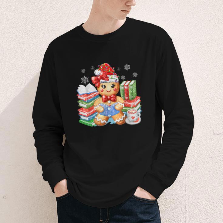 Christmas Gingerbread Man Reading Book Snowflake Teacher Youth Long Sleeve Tee