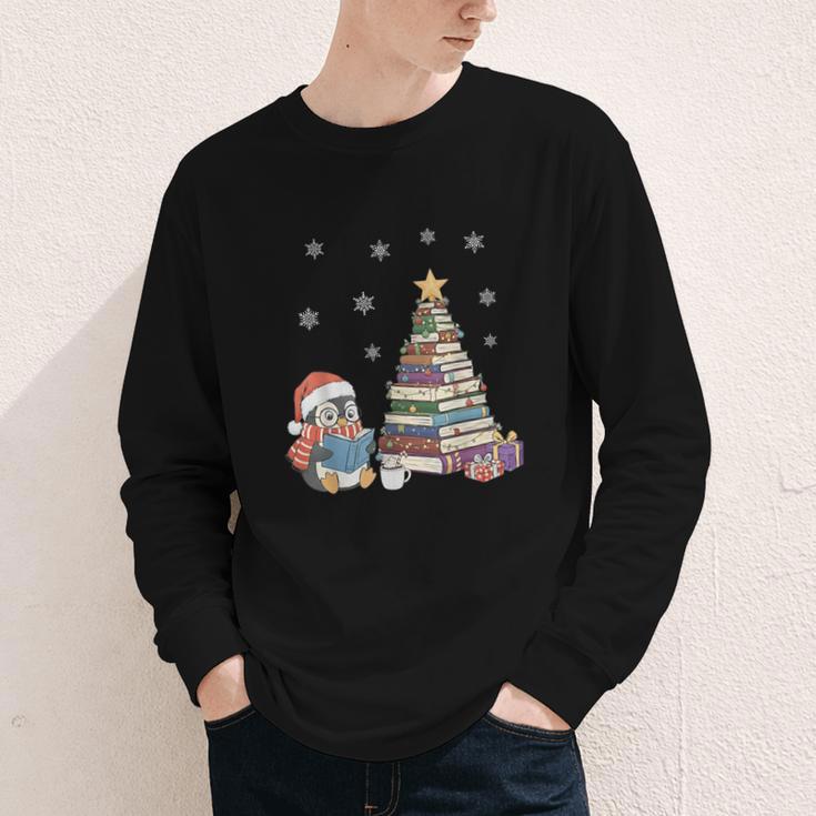 Christmas A Penguin Reading Book Snowflake Cocoa Hot Teacher Youth Long Sleeve Tee