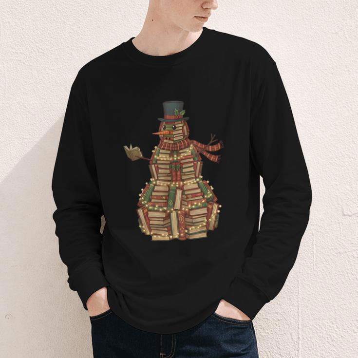Christmas Snowman Made Of Books Holiday Reading Xmas Youth Long Sleeve Tee