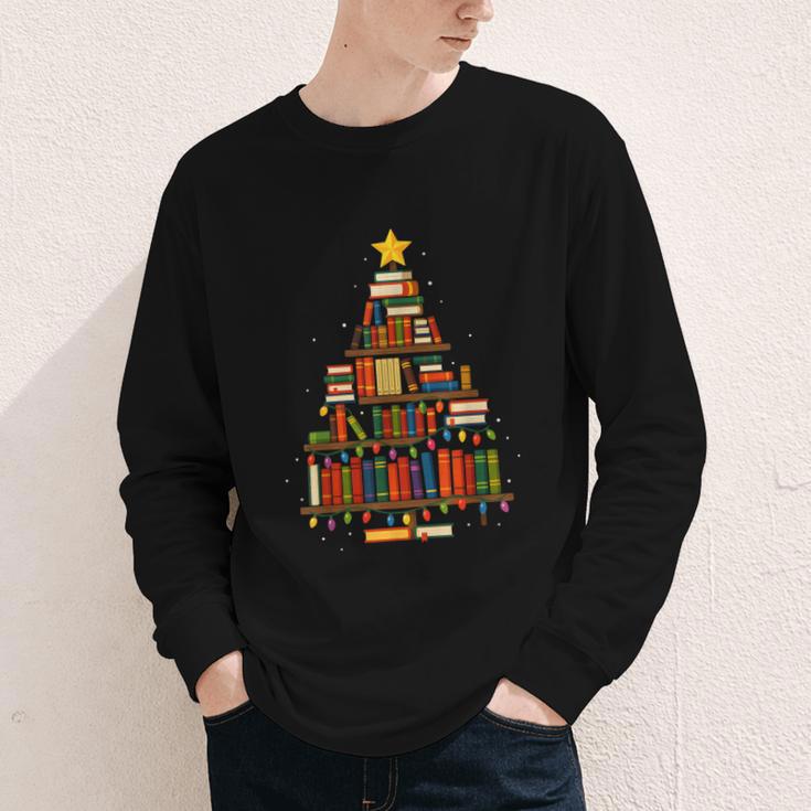 Christmas Tree Bookshelf Book Lover Library Men Women Kids Youth Long Sleeve Tee