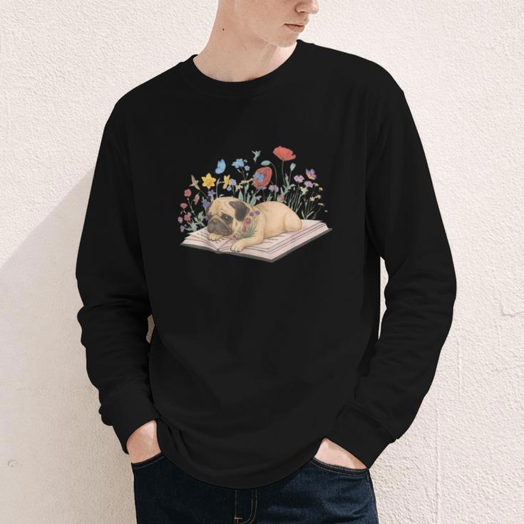 Color Floral Cute Pug Dog On Book Reading Bookworm Reader Youth Long Sleeve Tee Color Floral Cute Pug Dog On Book Reading Bookworm Reader Youth Long Sleeve Tee