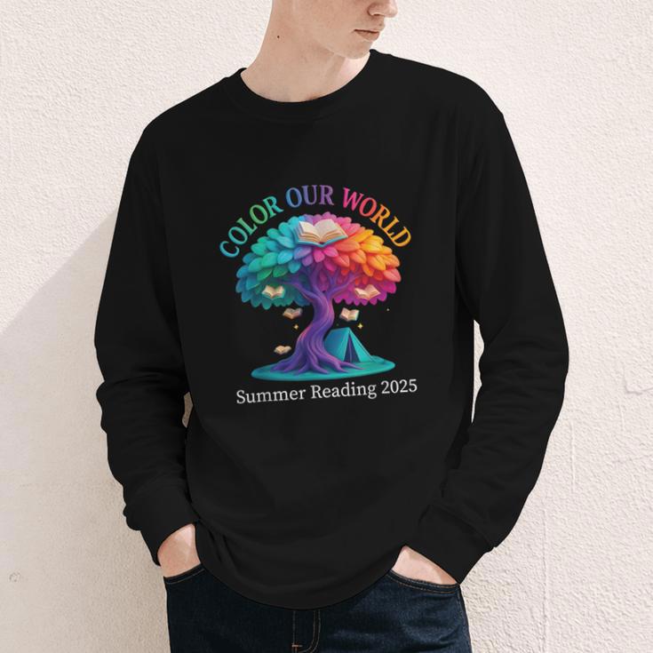 Color Our World Summer Reading 2025 Tree Book Lover Camping Youth Long Sleeve Tee