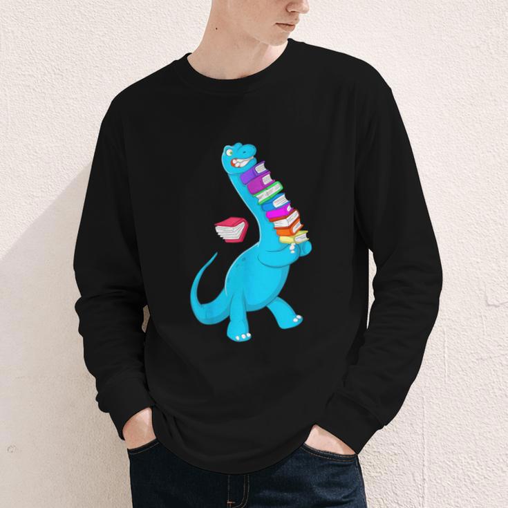 Cool Dinosaur Books Art For Men Women Libarian Book Lover Youth Long Sleeve Tee