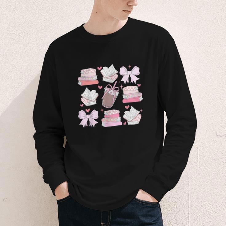 Coquette Bow Book Coffee Valentines Bookish Library Teacher Youth Long Sleeve Tee