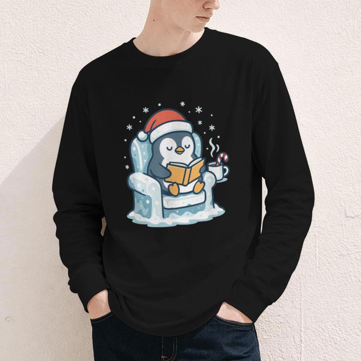 Cute Christmas Penguin Reading Book Cozy Winter Holiday Art Youth Long Sleeve Tee