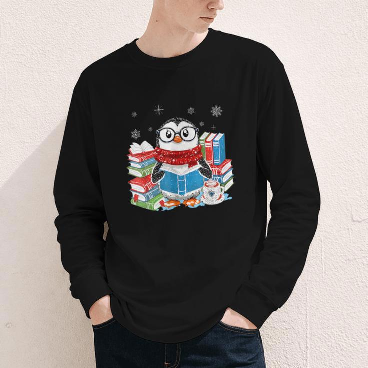 Cute Christmas A Penguin Reading Book Snowflake Hot Teacher Youth Long Sleeve Tee