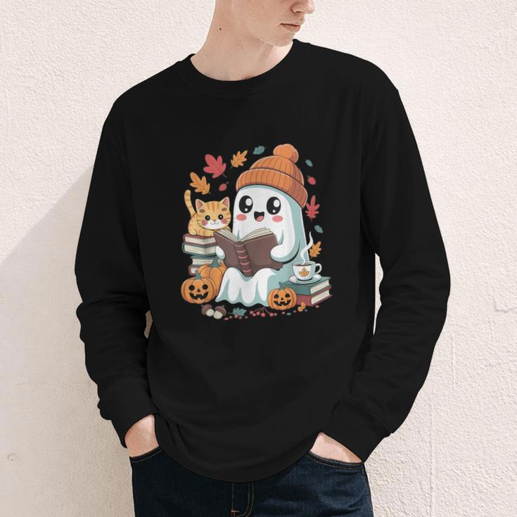 Cute Cozy Ghost Reading With Cat Book Lover Autumn Fall Youth Long Sleeve Tee Cute Cozy Ghost Reading With Cat Book Lover Autumn Fall Youth Long Sleeve Tee