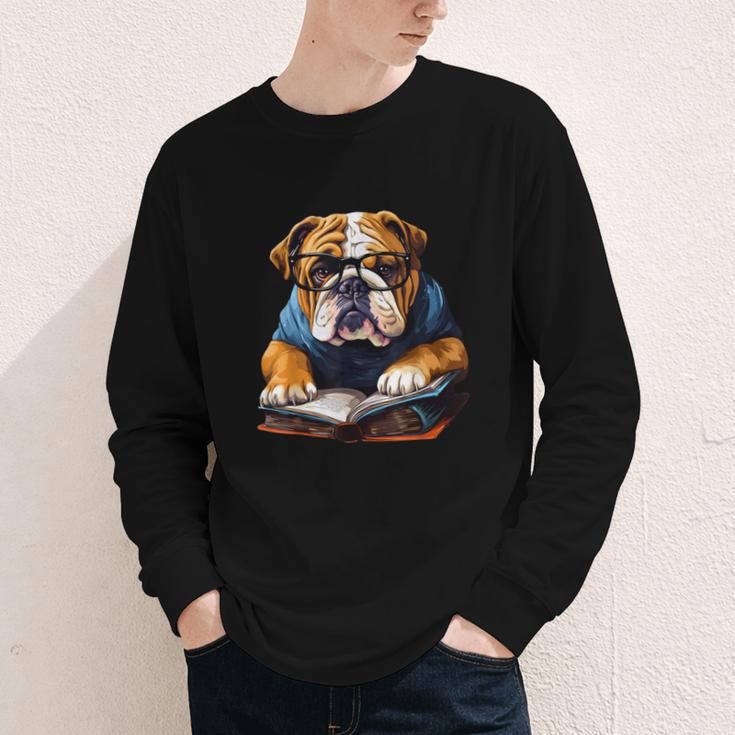 Cute Dog English Bulldog Reading Book Youth Long Sleeve Tee