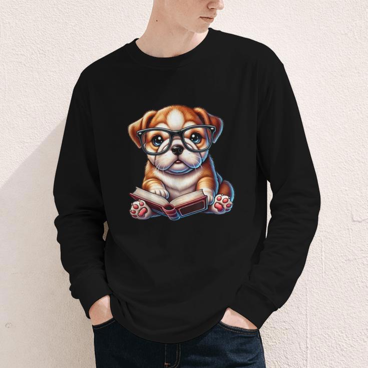 Cute Dog Puppy English Bulldog Reading Book Youth Long Sleeve Tee