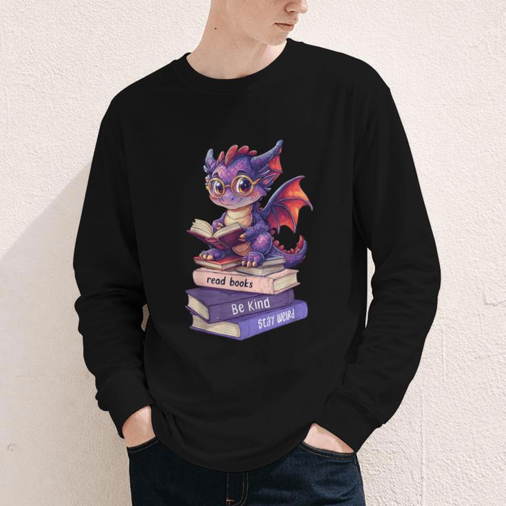 Cute Dragon Read Books Be Kind Stay Weird Book Lover Youth Long Sleeve Tee
