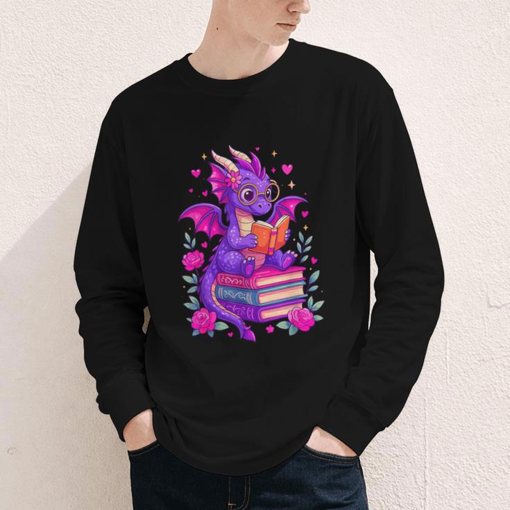 Cute Dragon Reading Books Bookworm Youth Long Sleeve Tee