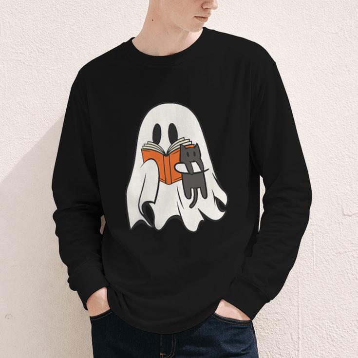 Cute Ghost Cat Reading Book Spooky Season Halloween Costume Youth Long Sleeve Tee