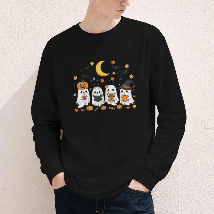 Cute Ghost Drinking Coffee Halloween Fall Ghost Book Reading Youth Long Sleeve Tee