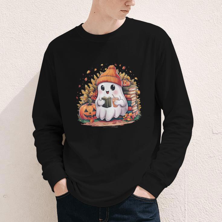Cute Ghost Drinking Coffee Halloween Reading Book Retro Youth Long Sleeve Tee