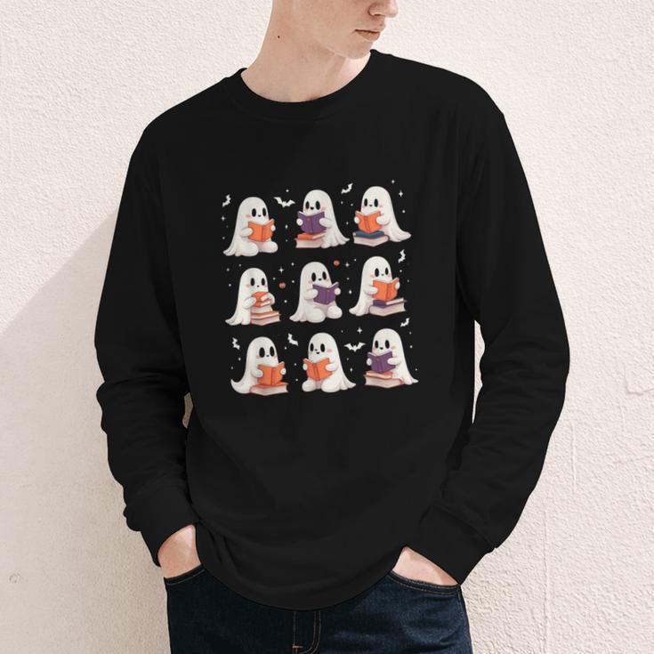Cute Ghost Reading Book Lovers Halloween Ghost Youth Long Sleeve Tee