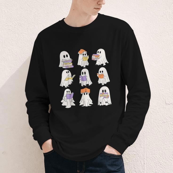 Cute Ghost Reading Books Teacher Halloween Reading Men Women Kids Youth Long Sleeve Tee