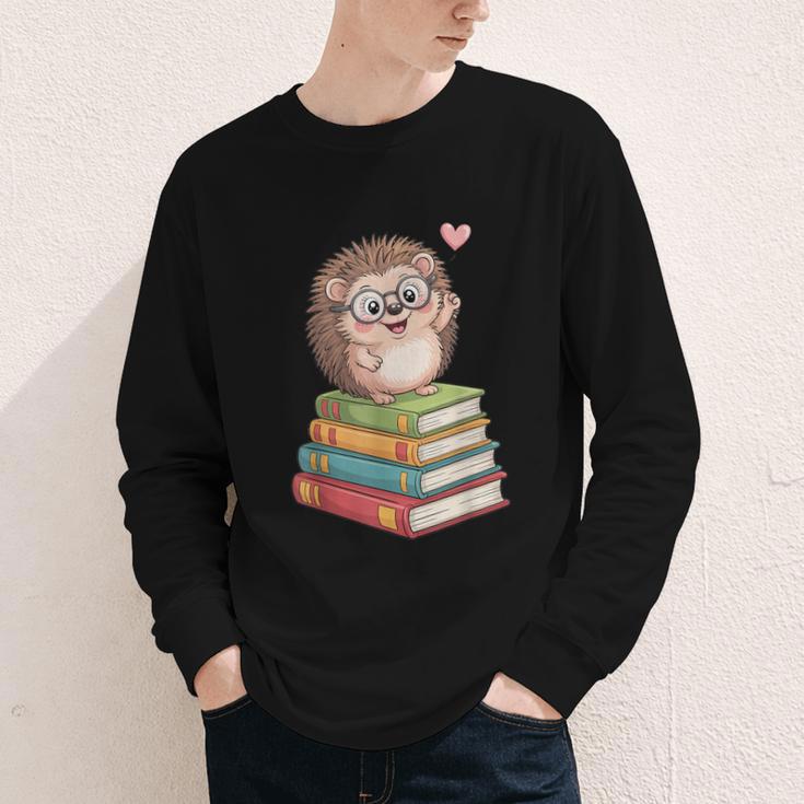 Cute Hedgehog Reading Books Animal Lover Reader Bookworm Youth Long Sleeve Tee