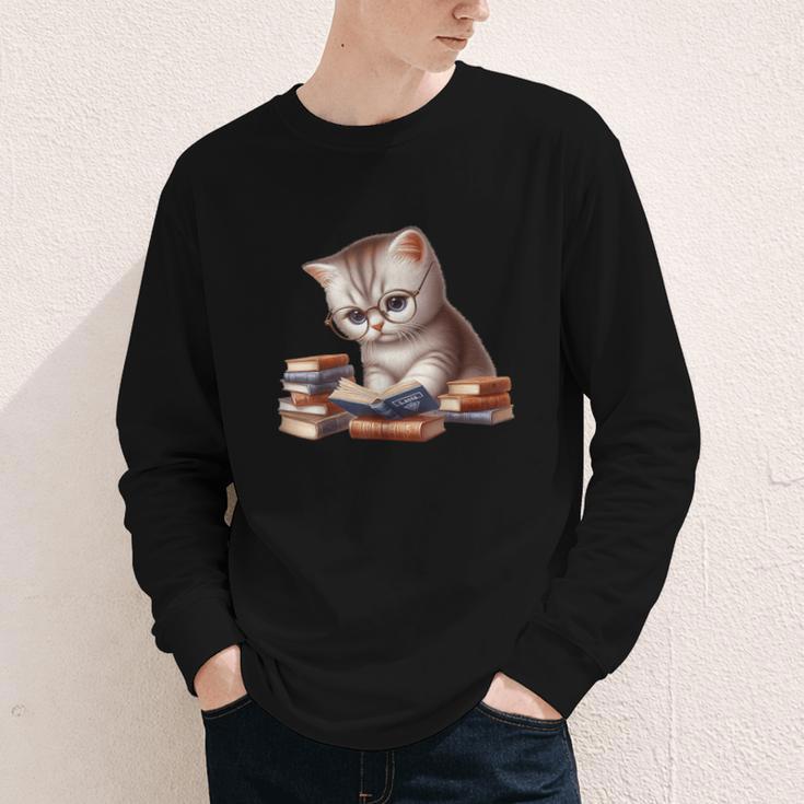 Cute Kitten Bookworm Adorable Cat With Glasses Reading Book Youth Long Sleeve Tee