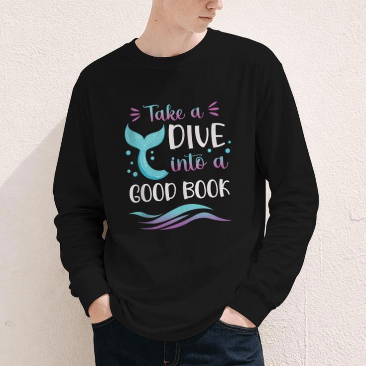 Cute Mermaid Librarian Teacher Dive Into A Good Book Reading Youth Long Sleeve Tee