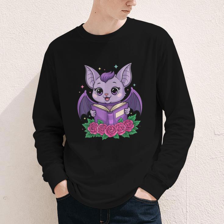 Cute Pastel Goth Bat Reading Book Youth Long Sleeve Tee