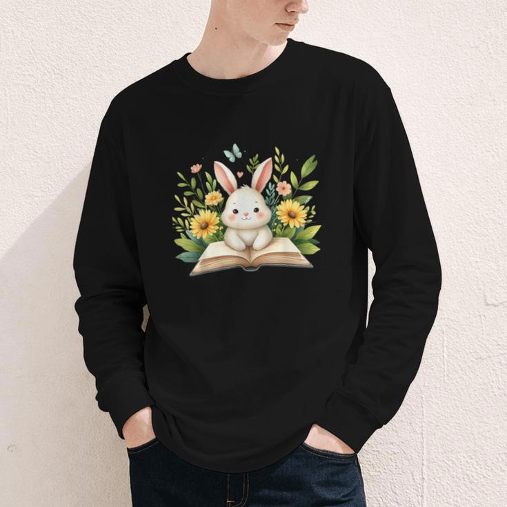 Cute Rabbit And Book Women Girls Reading Book Rabbit Lover Youth Long Sleeve Tee