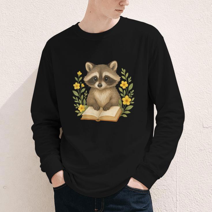 Cute Raccoon Reading Book Flowers Floral Youth Long Sleeve Tee