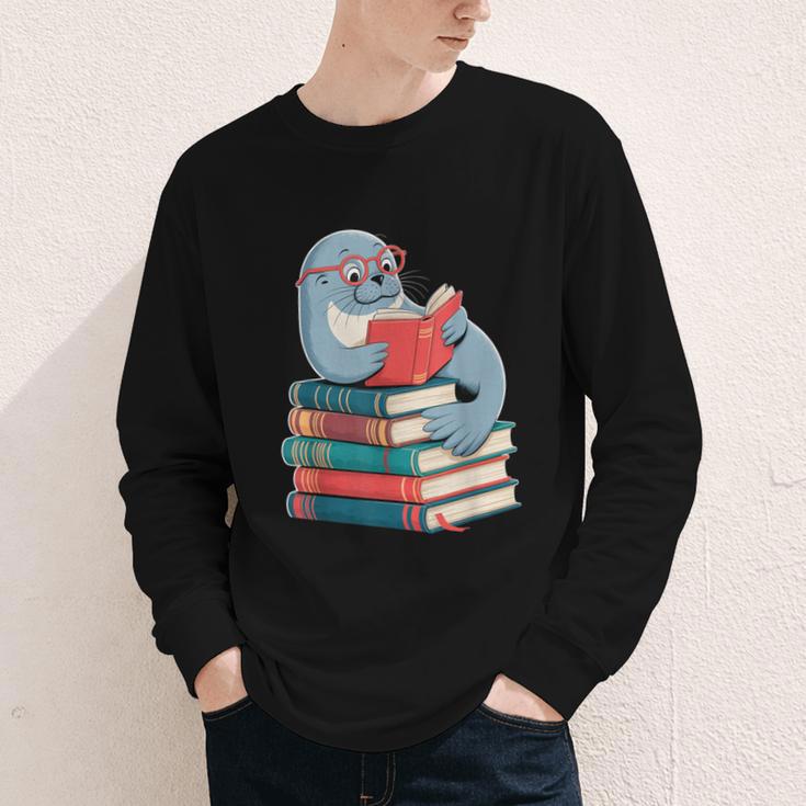 Cute Reading Seal On Books Book Lover Youth Long Sleeve Tee