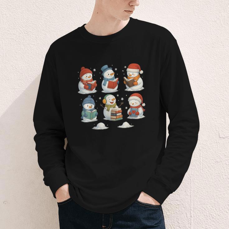 Cute Snowman Reading Books Christmas Winter Book Lover Youth Long Sleeve Tee