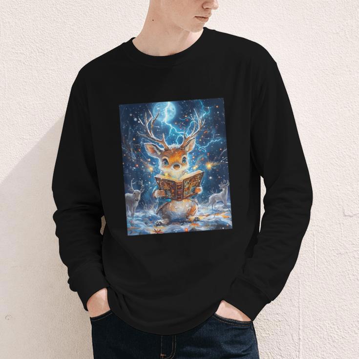 Deer Reads Book Women Girls Reindeer Youth Long Sleeve Tee