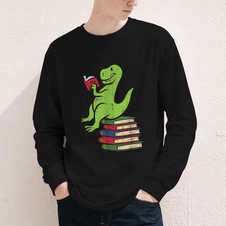 Dino Reading Read Reading Librarian Book Men Boys Kids Youth Long Sleeve Tee
