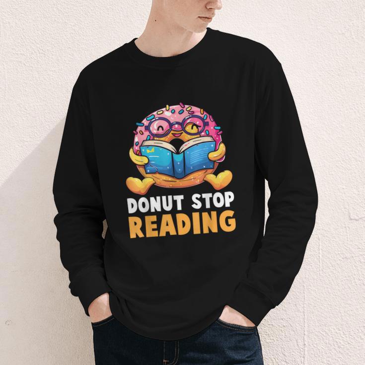 Donut Stop Reading Cute Book Reader Bookworm Donut Day Youth Long Sleeve Tee