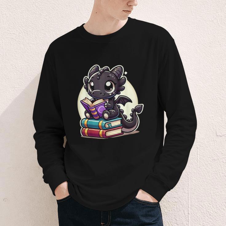 Dragon Reading A Book Cute Bookworm Book Lover Youth Long Sleeve Tee