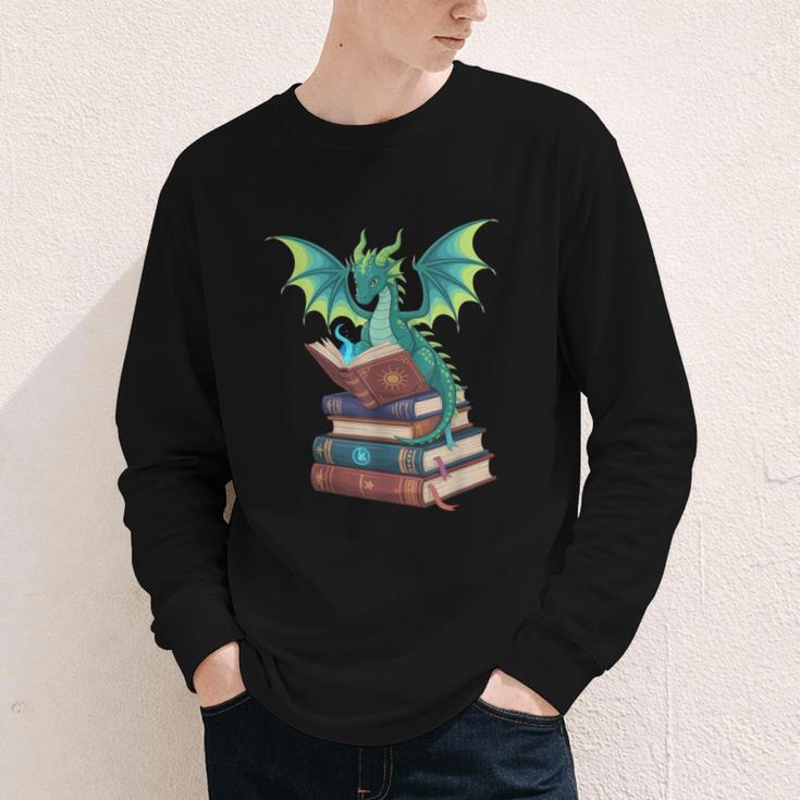 Dragon Reading Books Fantasy Lovers Mythical Creatures Youth Long Sleeve Tee