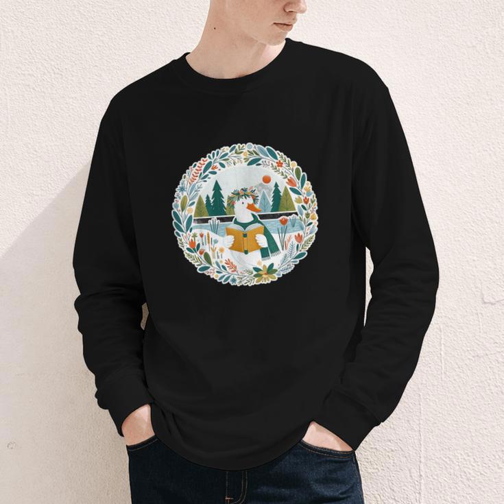 Duck Wilderness Book Reading Illustration Floral Youth Long Sleeve Tee