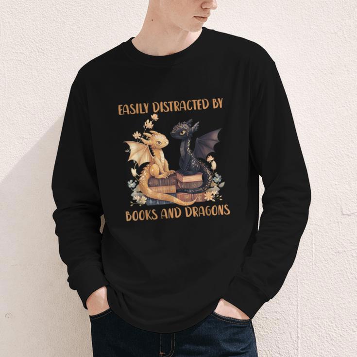Easily Distracted By Books & Dragons Librarian Book Lover Youth Long Sleeve Tee